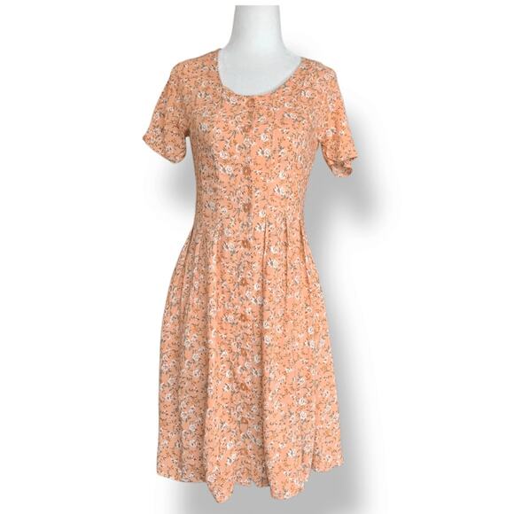 Vintage 90s Peach Floral Mini Dress Rayon Button Front Short Sleeve Scoopneck - Picture 1 of 11